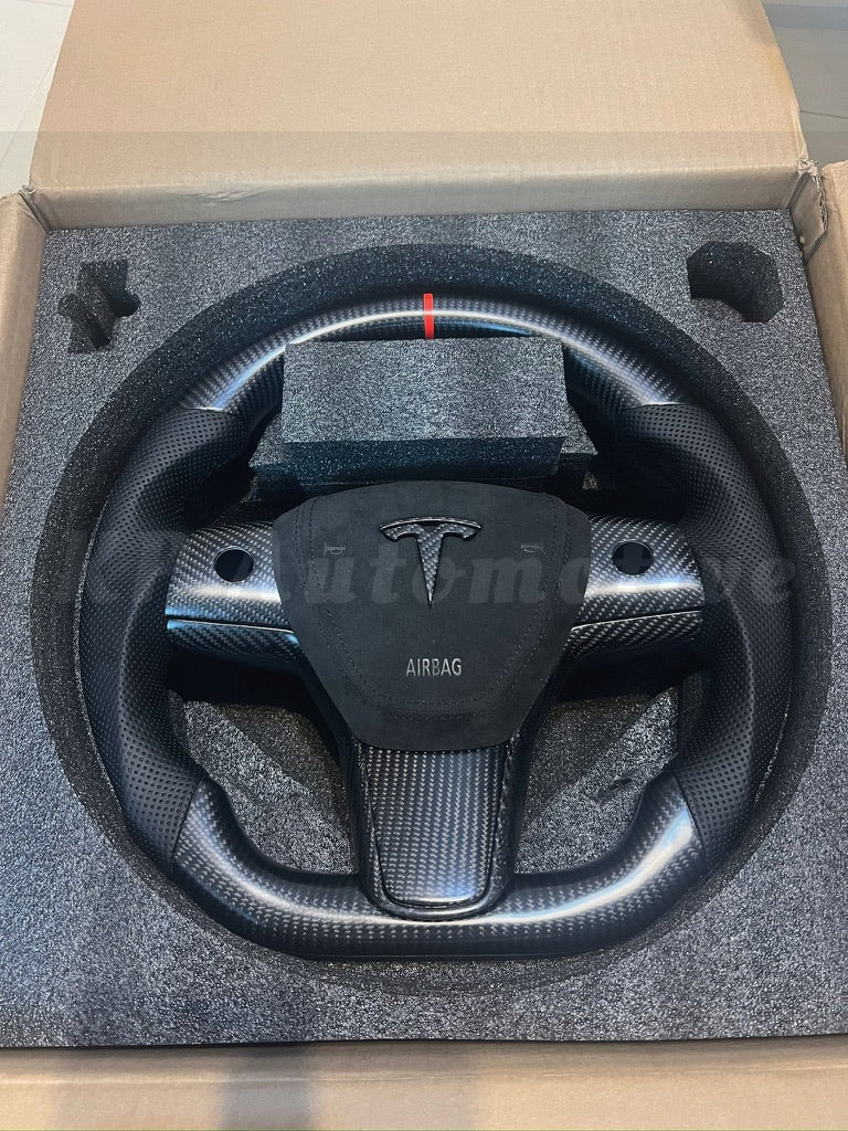 Model 3 Matte Carbon Fiber Steering Wheel (Perforated Leather) - Full Set