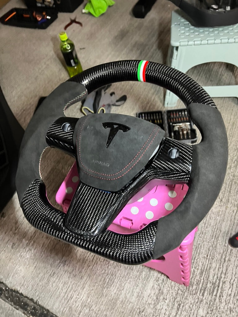 Model 3 Gloss Carbon Fiber Steering Wheel (Alcantara) - Full Set