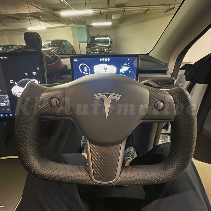 Model 3/Y Matte Carbon Fiber Yoke Steering Wheel (Perforated Leather)