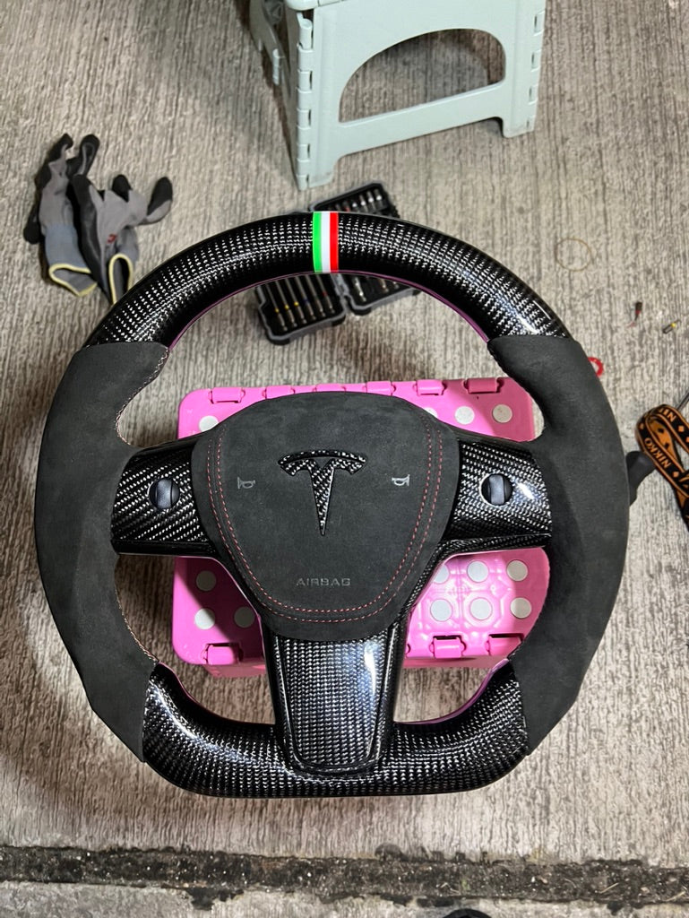 Model 3 Gloss Carbon Fiber Steering Wheel (Alcantara) - Full Set